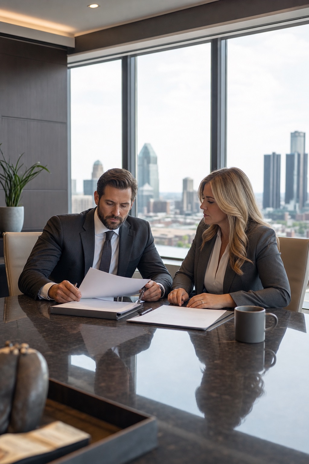 Attorneys reviewing prenuptial agreement documents at a conference table